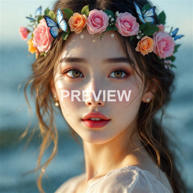 A young woman with fair skin, wearing a floral crown made of pink and peach roses and blue butterflies, gazes softly at the camera with a blurred ocean background.